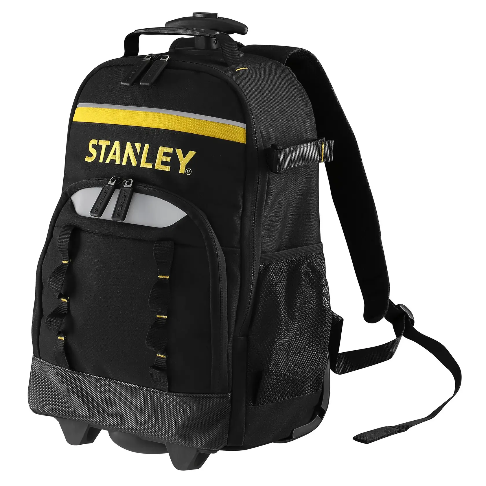 STANLEY STST83307-1 zaino nero con ruote e dettagli gialli, vista frontale, porta attrezzi