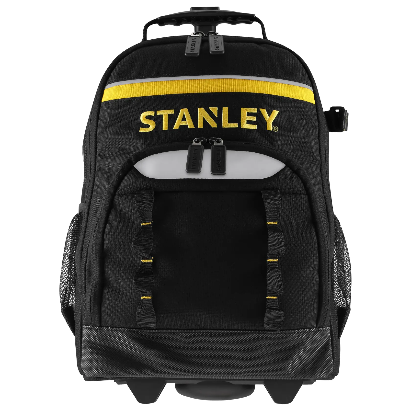 Foto dello zaino nero con ruote STANLEY STST83307-1 con dettagli gialli, vista frontale.