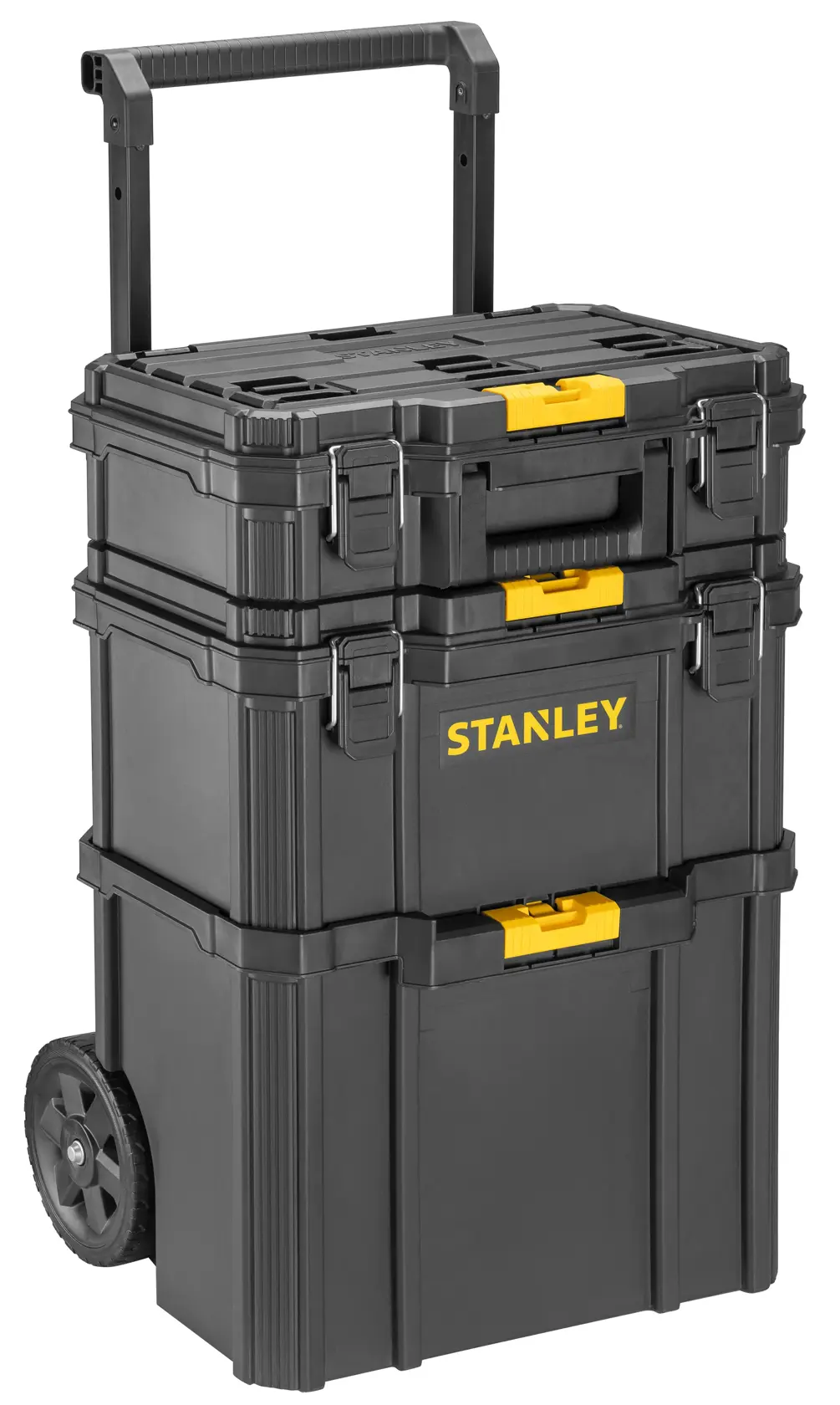 Stanley STST83319-1 cassettina porta attrezzi su ruote, nera con chiusure gialle, angolo frontale, prodotto fotografico.