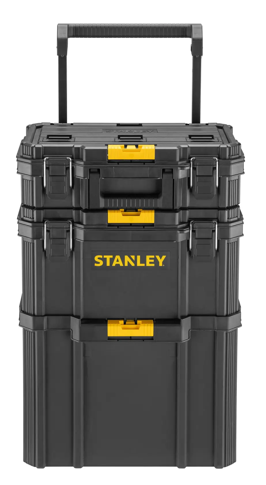 STANLEY STST83319-1 cassettina portautensili nera impilabile con ruote, vista frontale, chiusure gialle, fotografia.