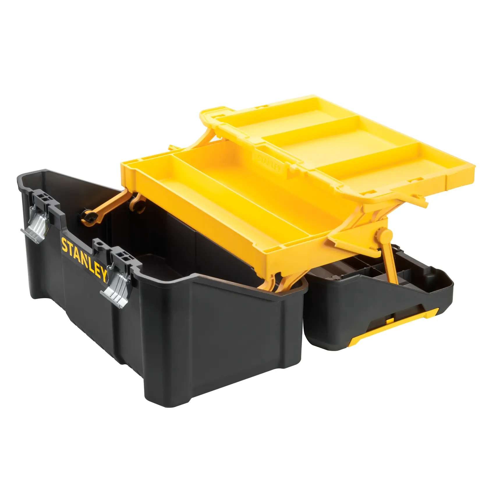 STANLEY STST83397-1 cassetta degli attrezzi con scomparti apribili, nera e gialla, angolo frontale, sfondo bianco.