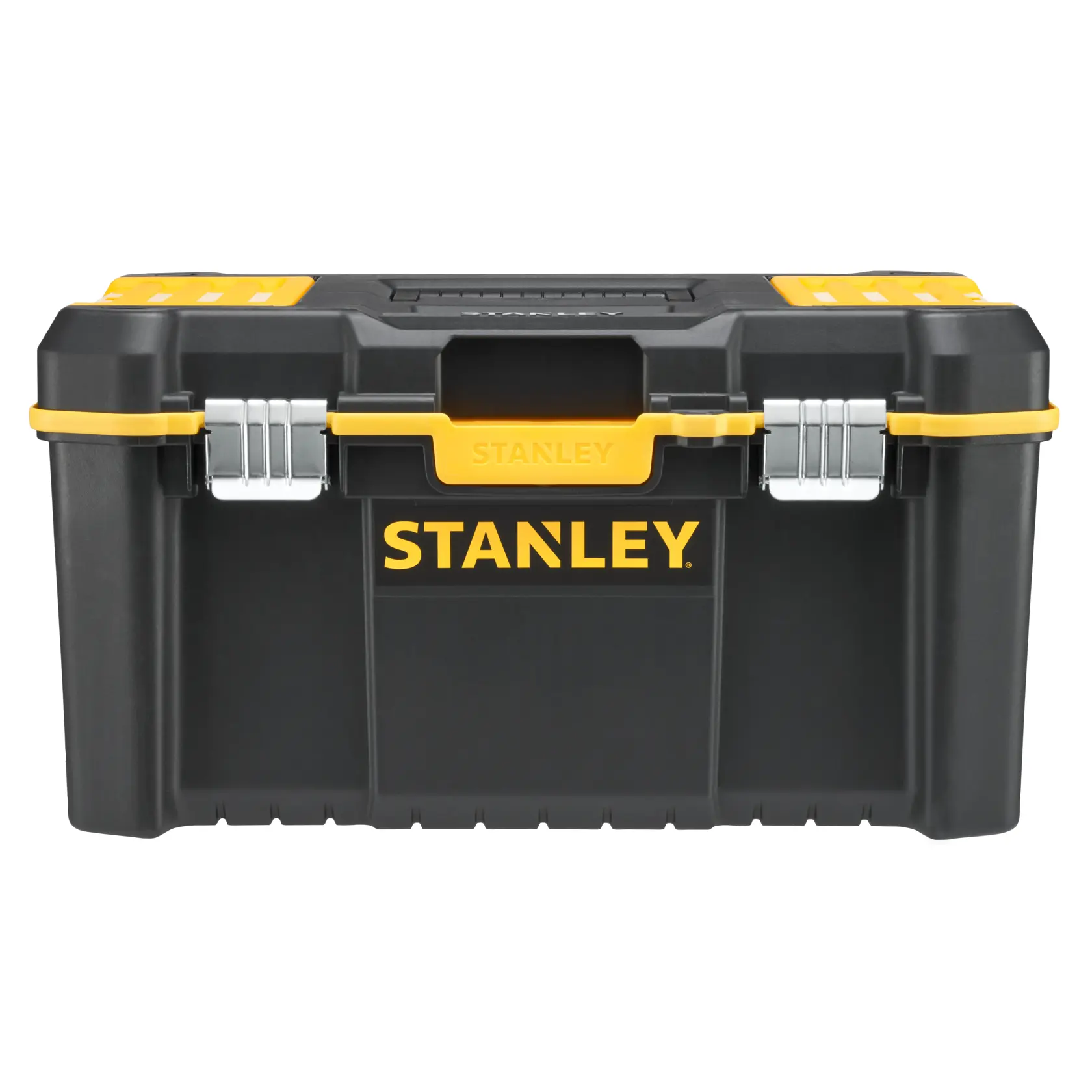 STANLEY STST83397-1 cassetta degli attrezzi nera e gialla con chiusure in metallo, vista frontale su sfondo bianco.
