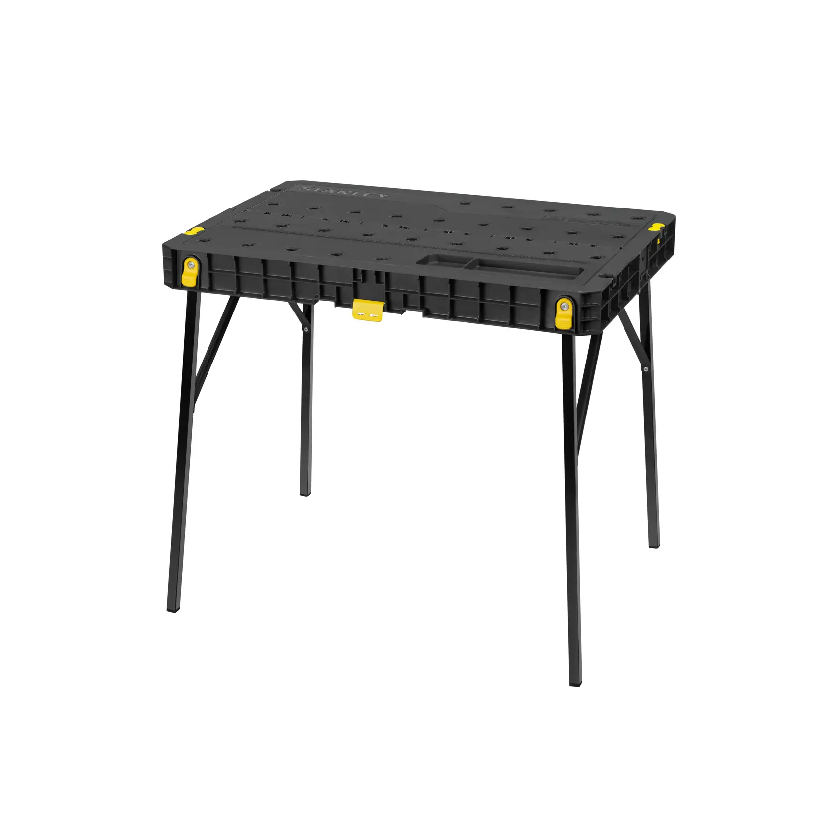 STANLEY STST83492-1 tavolo da lavoro pieghevole con piano nero, dettagli gialli e gambe in metallo, vista frontale su sfondo bianco.