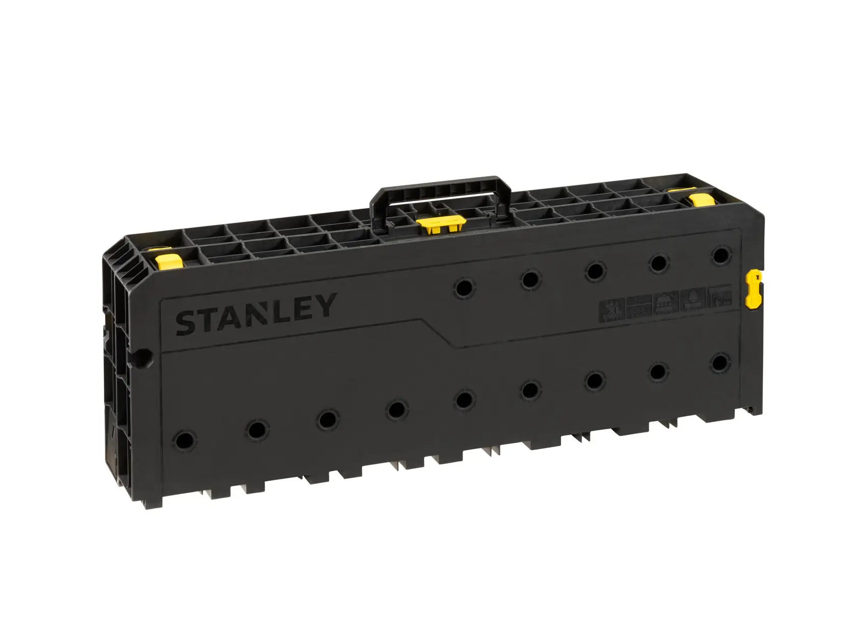 Foto STANLEY STST83492-1 organizer per attrezzi nero, angolo frontale, chiusura gialla, maniglia superiore.