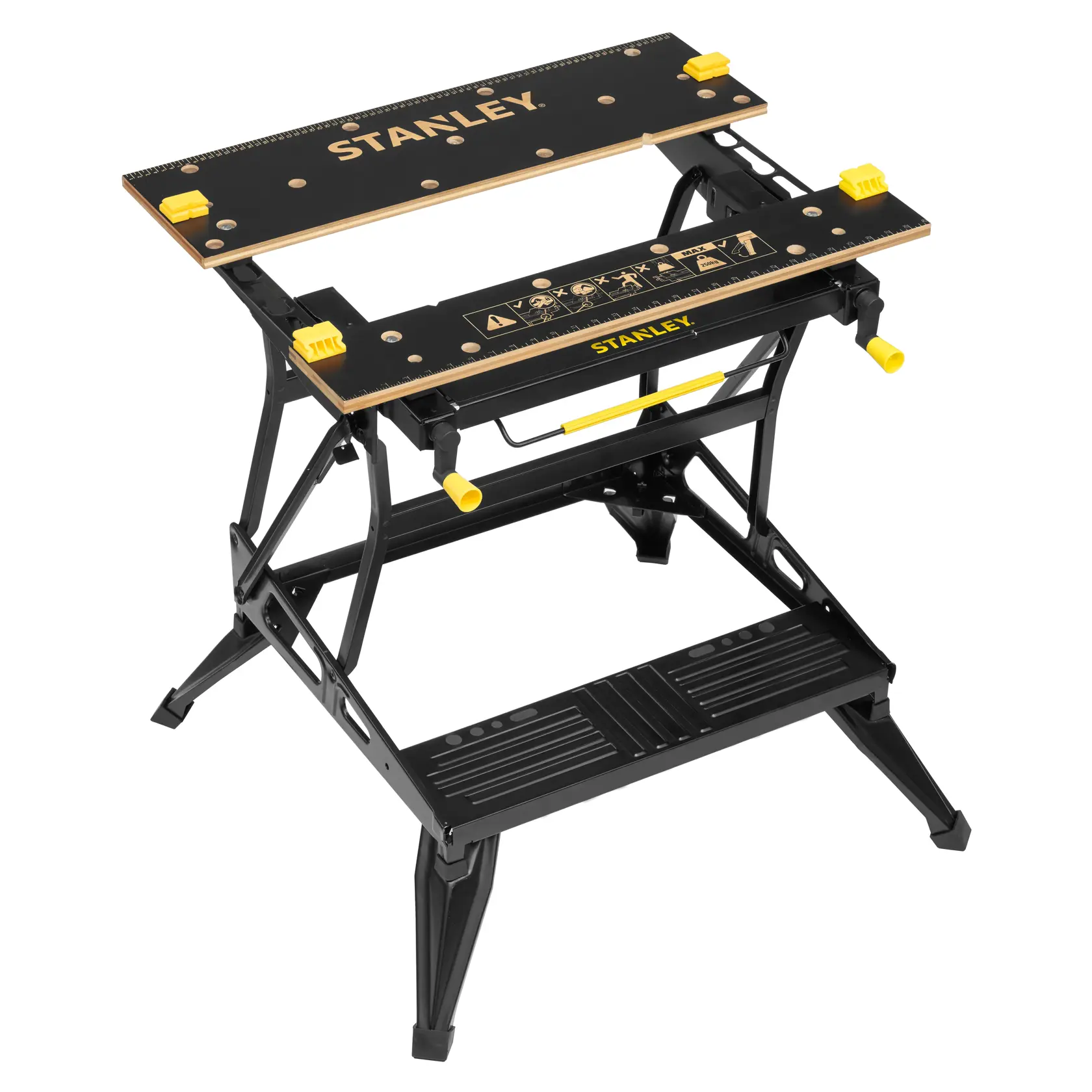 Banco da lavoro pieghevole STANLEY STST83800-1 nero e giallo con morsetti regolabili, vista laterale su sfondo bianco.