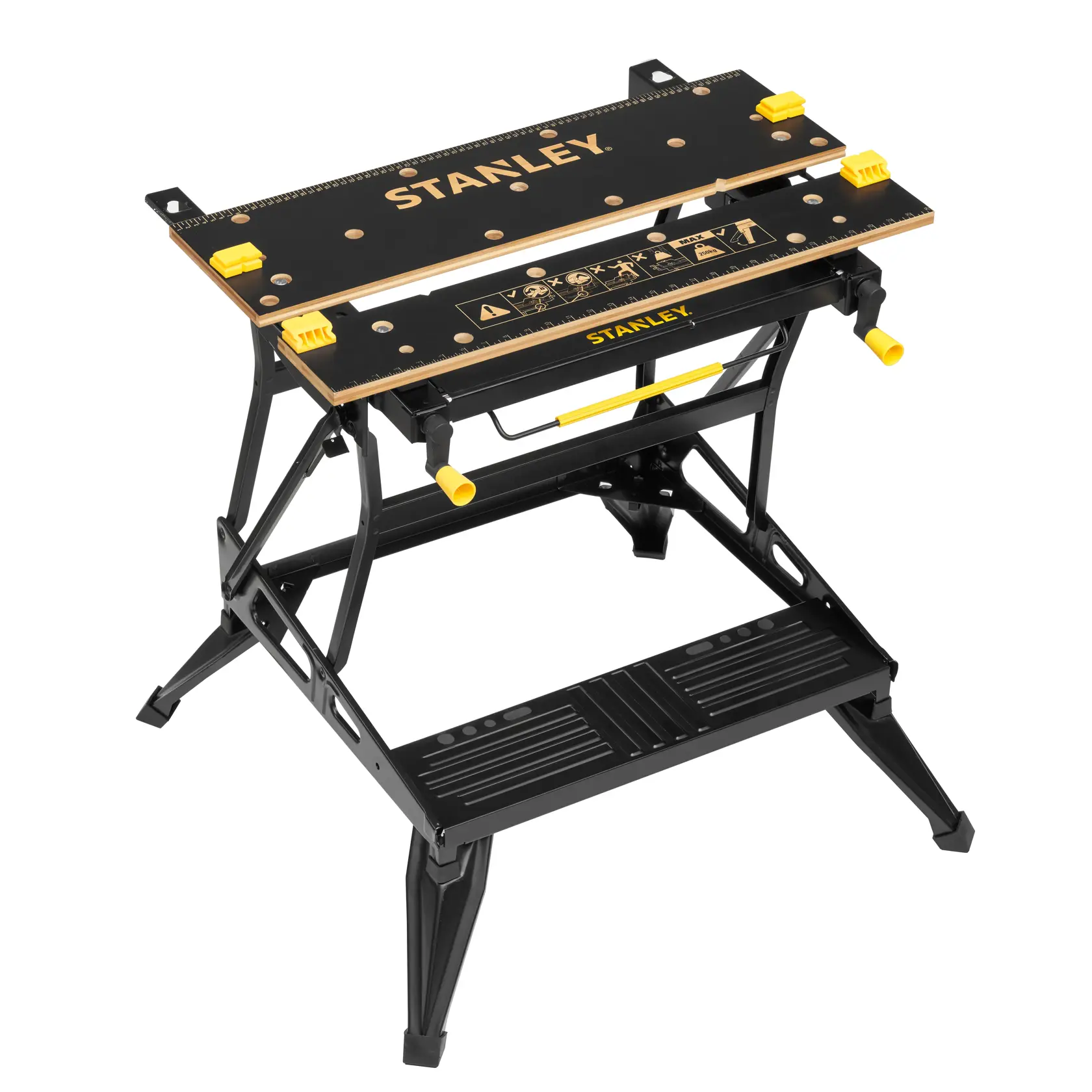STANLEY STST83800-1 banco da lavoro pieghevole con struttura in metallo nero e giallo, piano con righello, vista frontale.