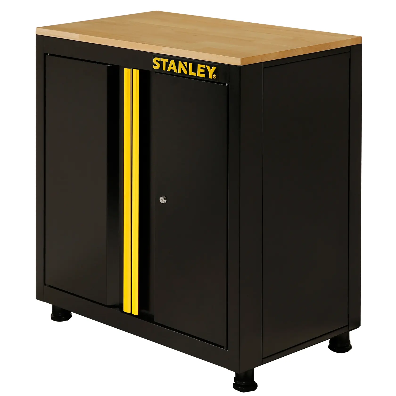 STANLEY STST97595-1 armadio contenitore in metallo nero con dettagli gialli e piano in legno, vista frontale.