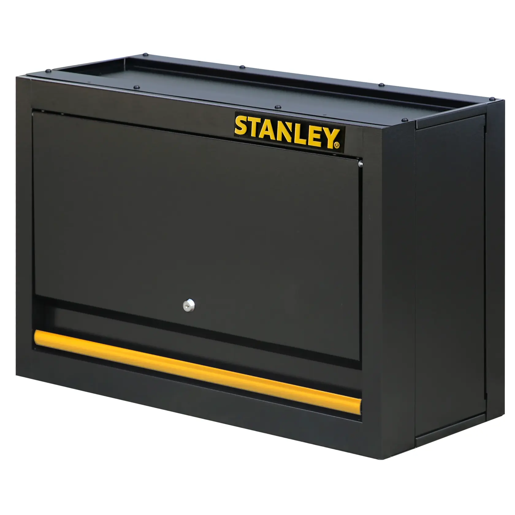 STANLEY STST97599-1 armadietto nero da parete, angolo frontale, con inserto giallo e serratura.