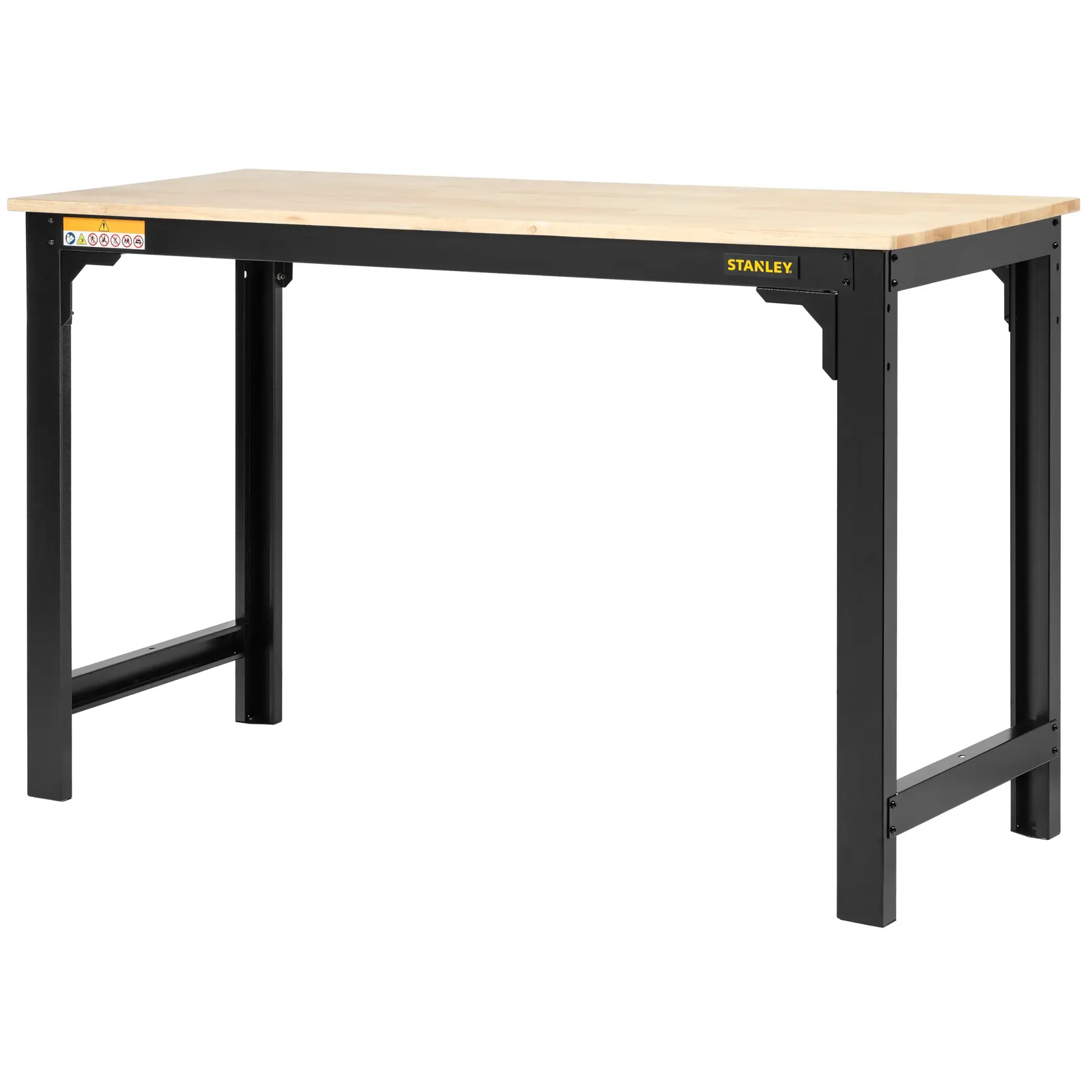 STANLEY STST97998-1 banco da lavoro con piano in legno chiaro e struttura in metallo nero, vista frontale, sfondo bianco.