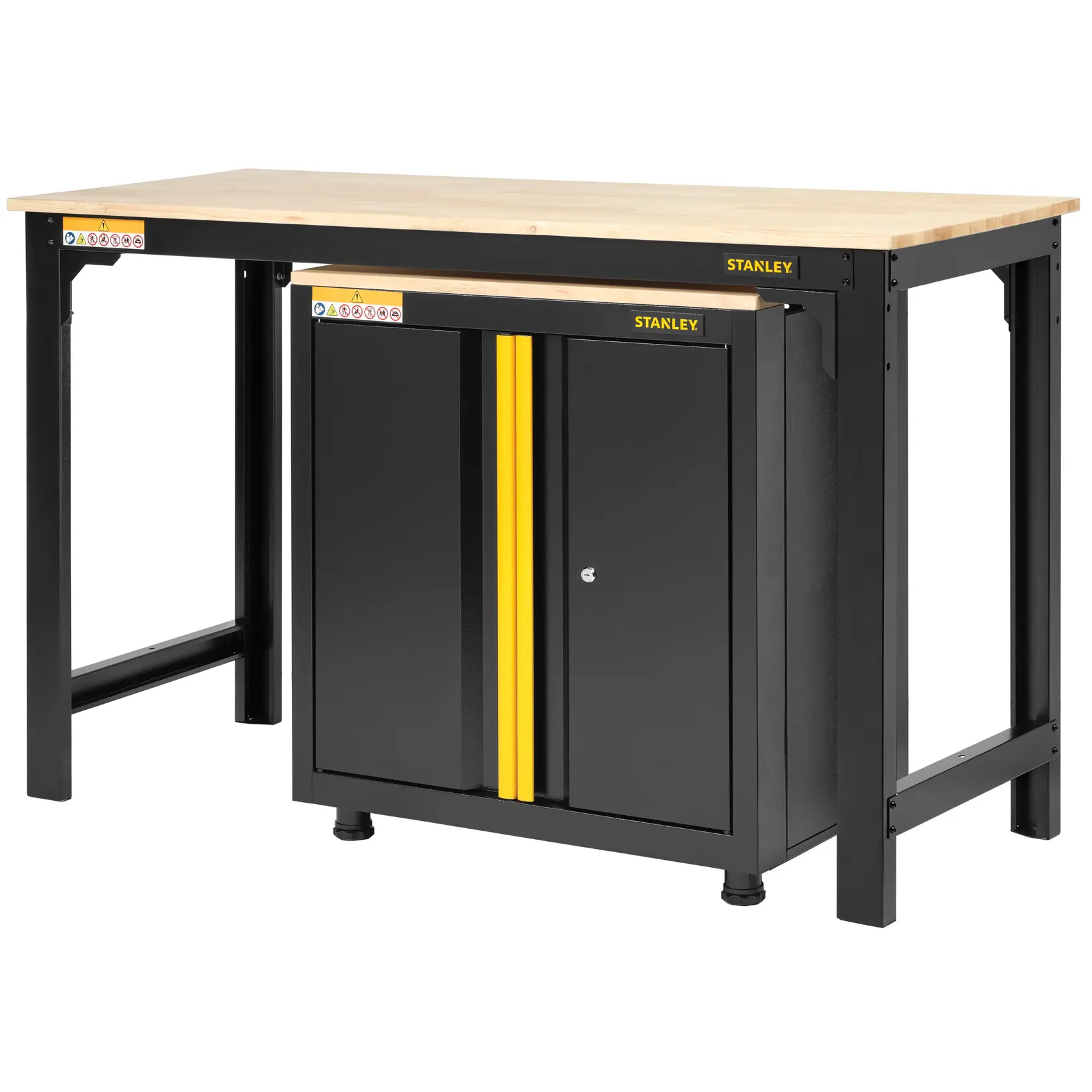 Banco da lavoro STANLEY STST97998-1 con piano in legno e armadio nero in metallo, angolo frontale su sfondo bianco.