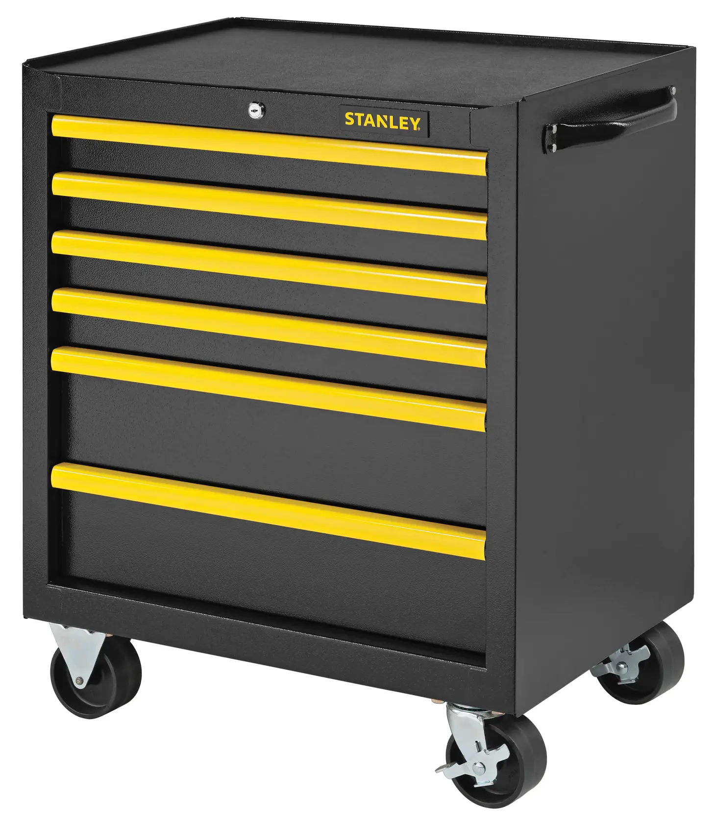 STANLEY STST98182-1 cassettiera nera con sette cassetti a maniglia gialla, maniglia laterale e ruote pivottanti, fotografia frontale.
