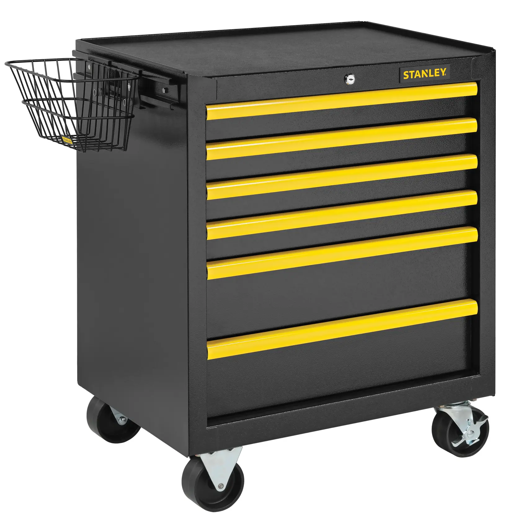 STANLEY STST98182-1 armadio portautensili nero con cassetti gialli e cestello laterale, vista frontale, sfondo bianco.