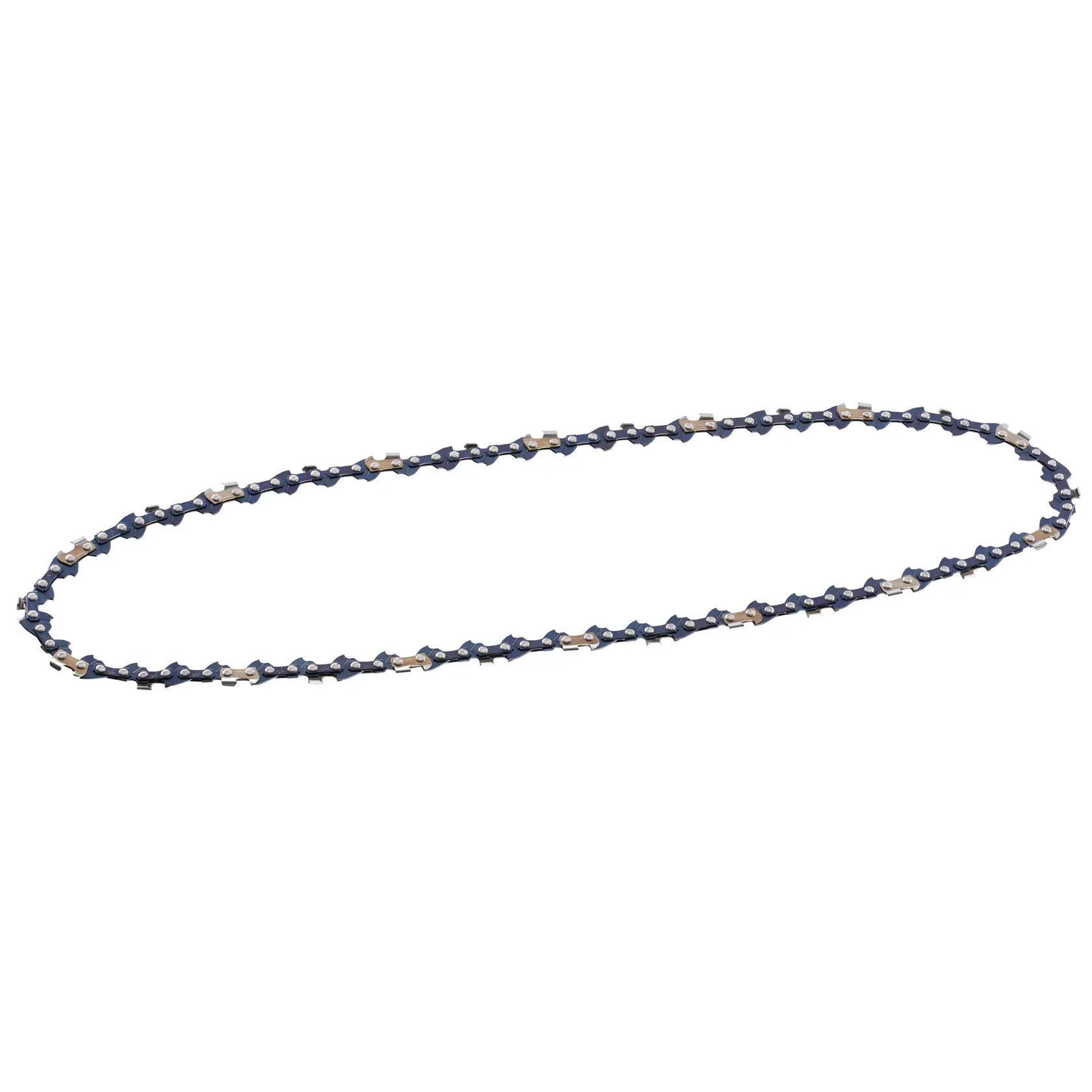 Catena per motosega STANLEY STZCS240 vista ovale, argento e blu scuro, fotografia su sfondo bianco.