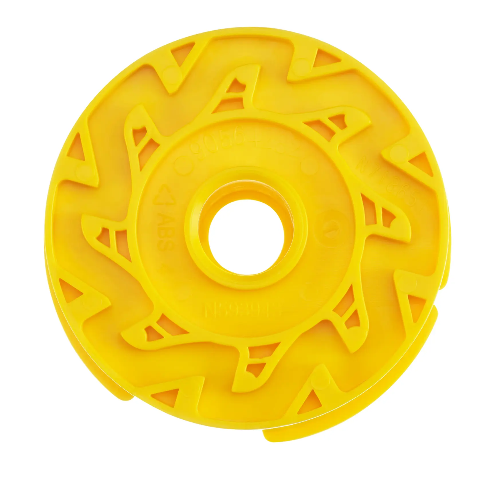 Foto della bobina di ricambio in plastica gialla STANLEY STZST12169 per utensili elettrici da esterno, vista dall'alto su sfondo bianco.