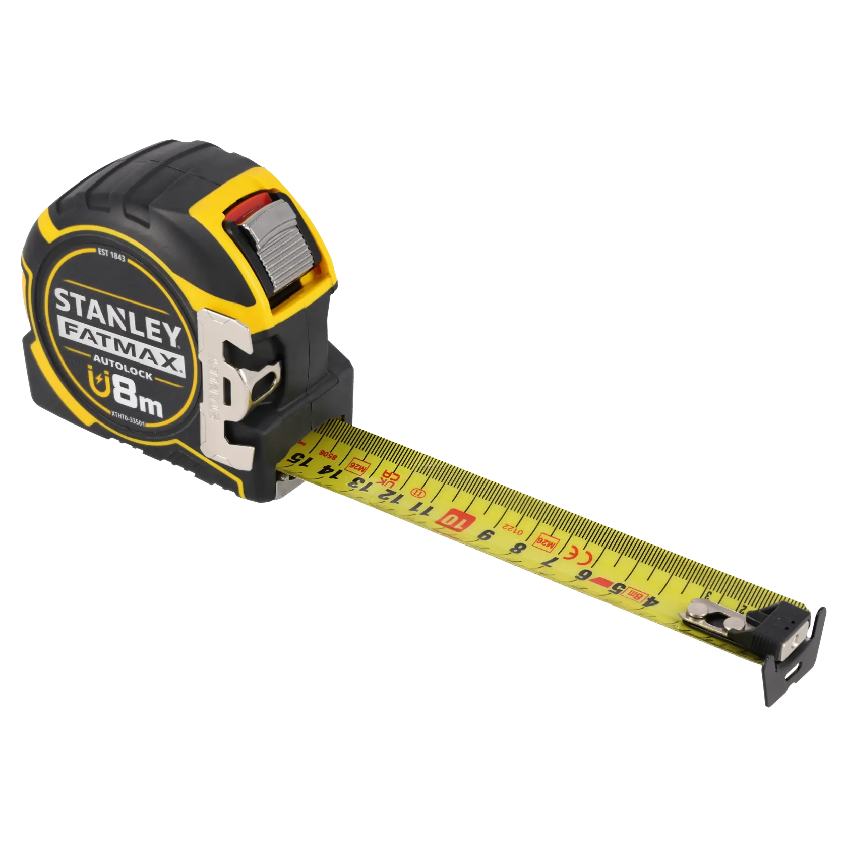 Foto del metro STANLEY XTHT0-33501 FATMAX Autolock, lama gialla, angolo laterale su sfondo bianco.
