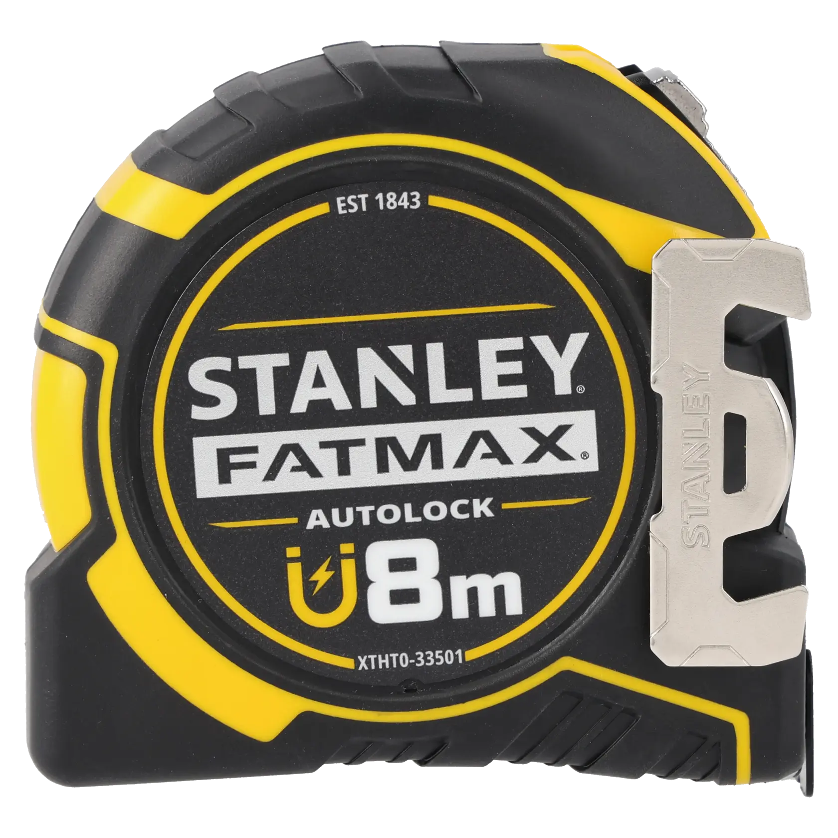 STANLEY XTHT0-33501 metro a nastro, FATMAX, 8m, nero e giallo, vista frontale, con clip da cintura in metallo.