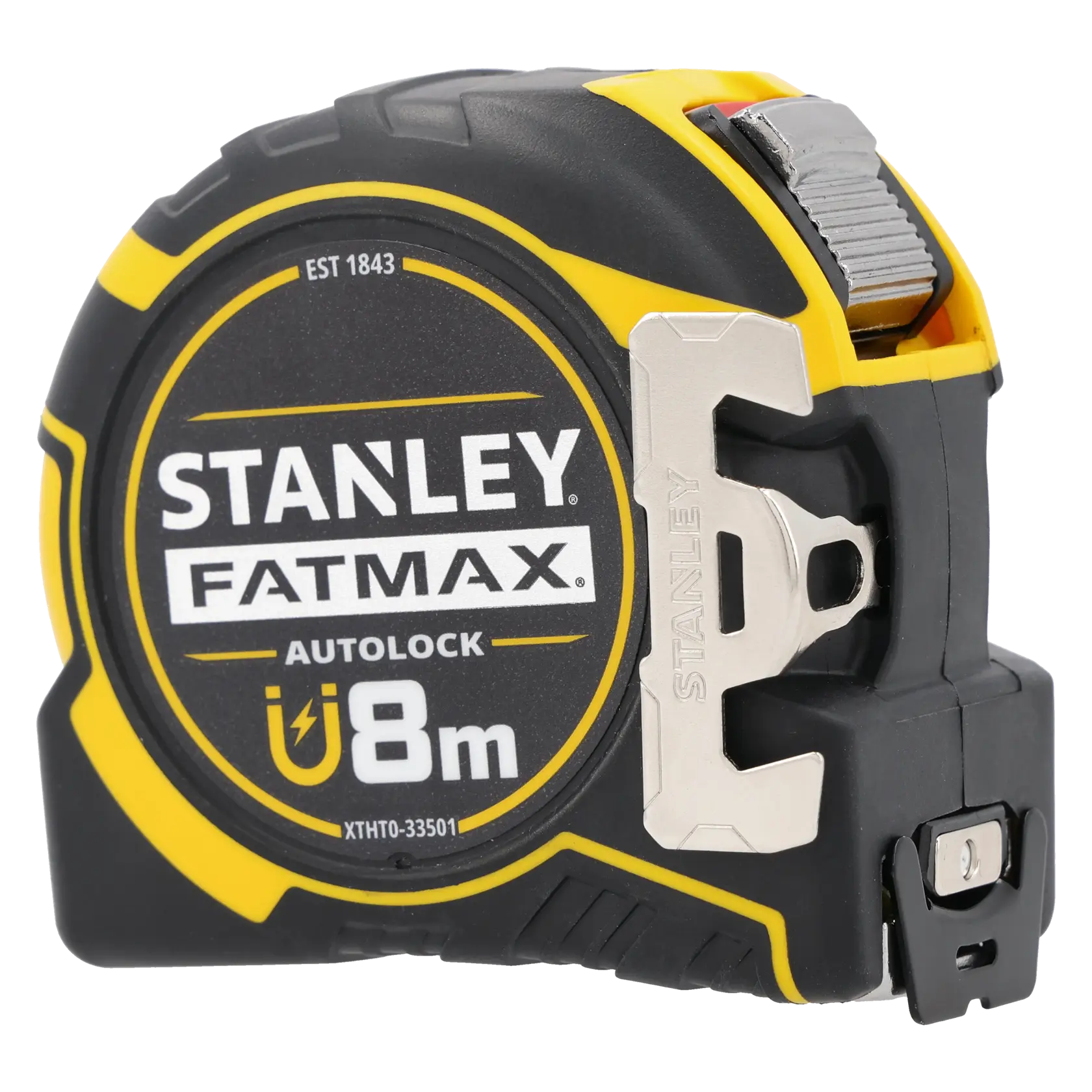 Foto del metro a nastro STANLEY XTHT0-33501 FATMAX 8m autolock, nero e giallo, vista laterale.