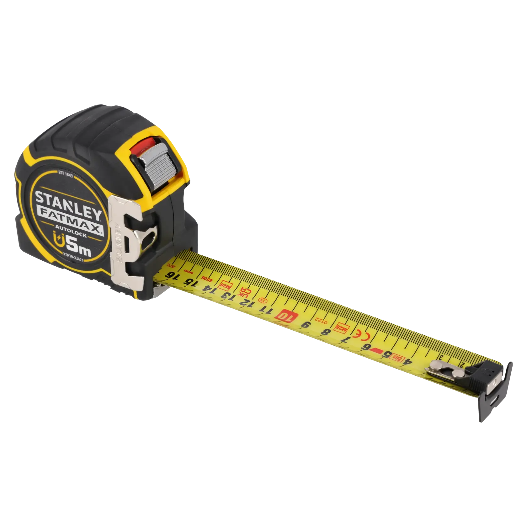 STANLEY XTHT0-33671 metro a nastro, nero e giallo, 5 m, angolo laterale su sfondo bianco.