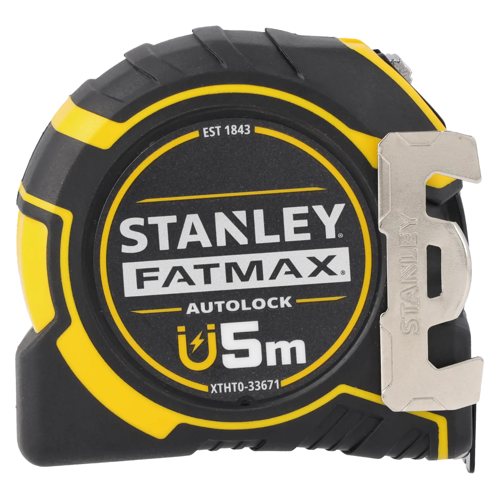 STANLEY XTHT0-33671 FATMAX metro a nastro autolock 5m, nero e giallo, vista frontale.