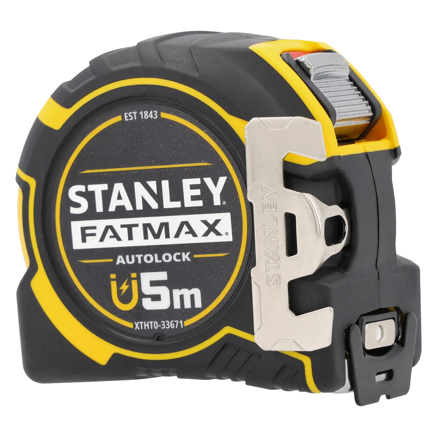 Foto del metro a nastro STANLEY FATMAX XTHT0-33671 autolock 5 m, nero e giallo, vista frontale su sfondo bianco.