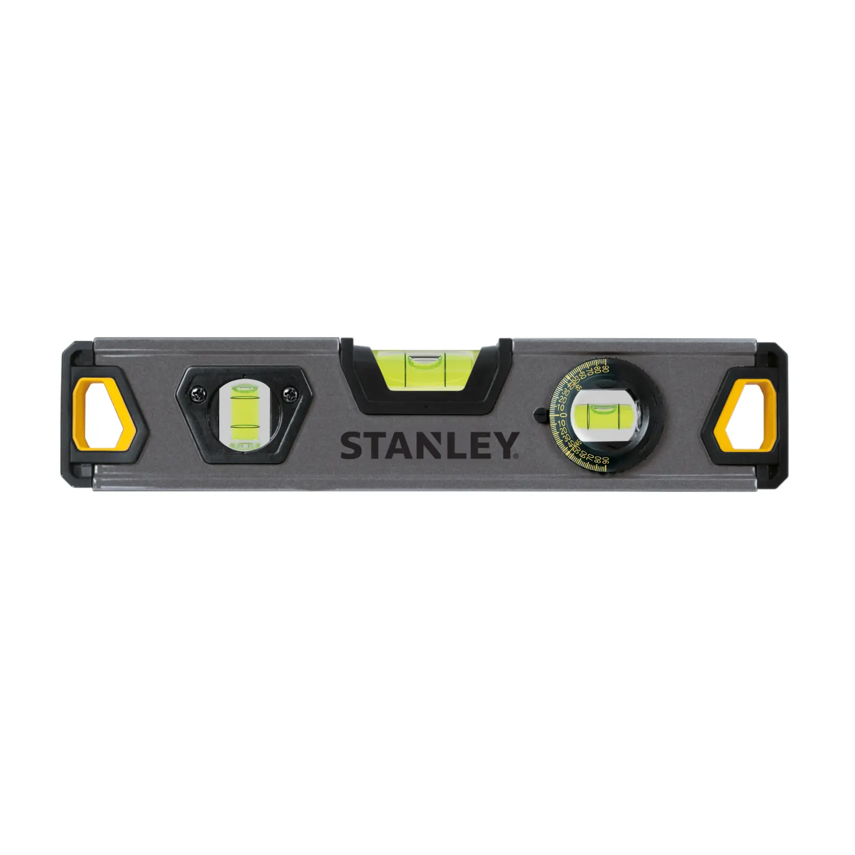 STANLEY XTHT0-42495 livella a bolla con tre fiale e dettagli gialli, vista frontale su sfondo bianco.